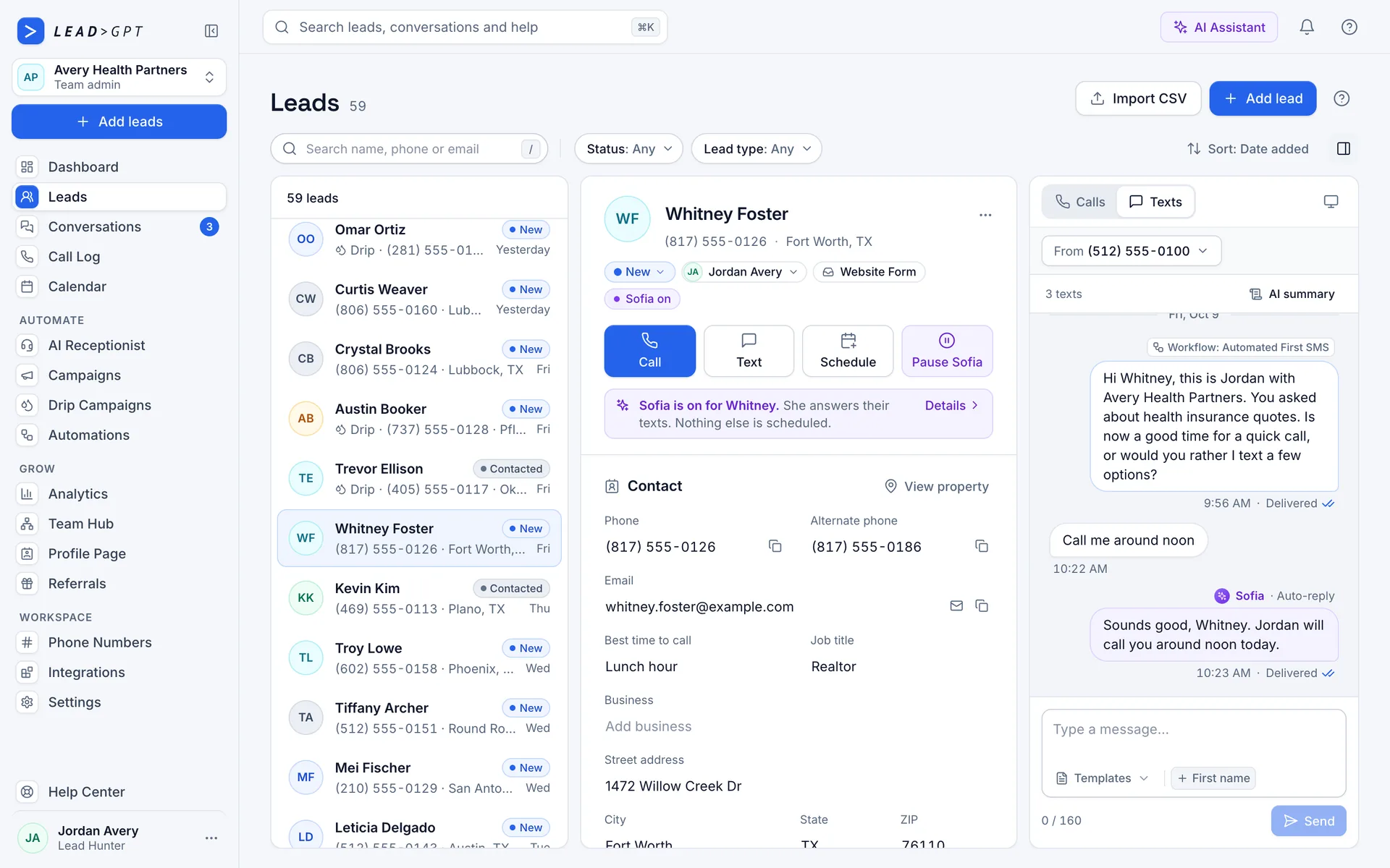 The LeadGPT Leads page: the CRM for health insurance agents showing lead statuses, a lead's record and their texts, including a reply from Sofia
