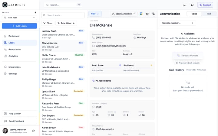 LeadGPT leads inbox: the CRM for health insurance agents showing lead statuses, calls and texts