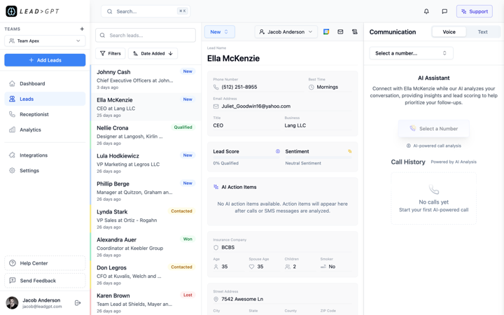 LeadGPT leads inbox: the CRM for health insurance agents showing lead statuses, calls and texts